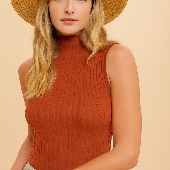HEM & THREAD Rust Ribbed Mock Neck Sweater Tank | Sleeveless Knit Top - Picture 3 of 4